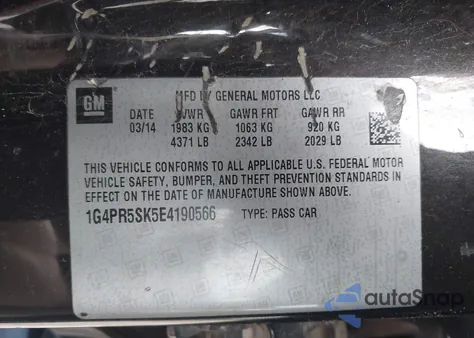 2014 Buick Verano Convenience Group from USA, damaged, VIN 1G4PR5SK5E4190566